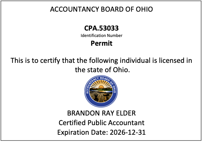 Ohio CPA permit — Brandon Ray Elder, expires 2026-12-31