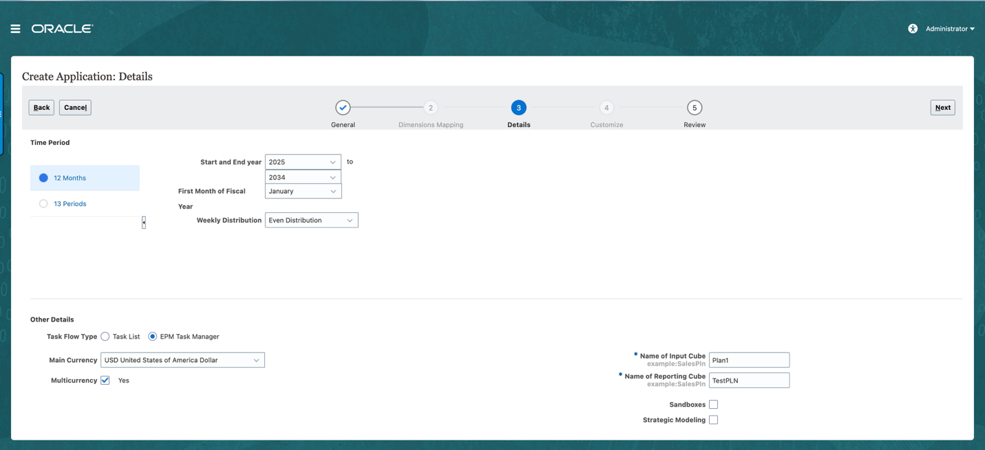 Create Application: Details with 12 Months selected — start and end year, first month of fiscal year, Task Manager, and multicurrency.