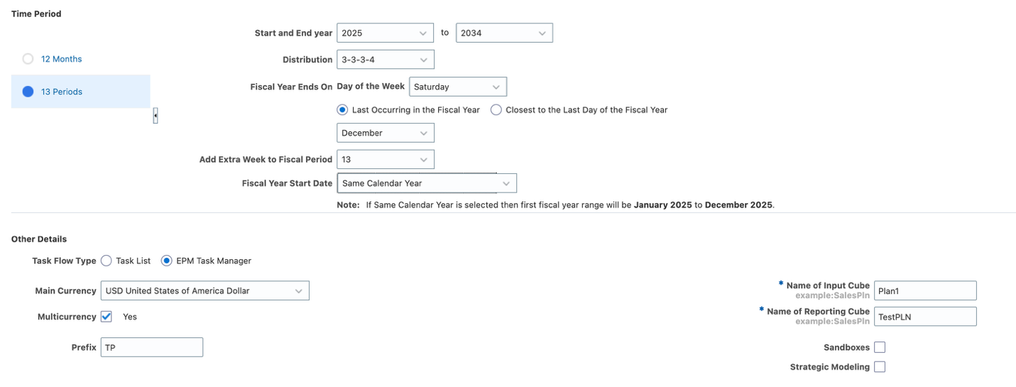 Create Application: Details with 13 Periods selected — distribution, fiscal year end, extra week, and the additional calendar fields that appear.