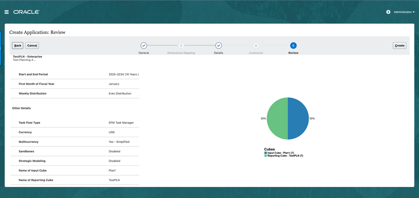 Create Application: Review — calendar, Task Manager, currency, cubes, and the Create button.